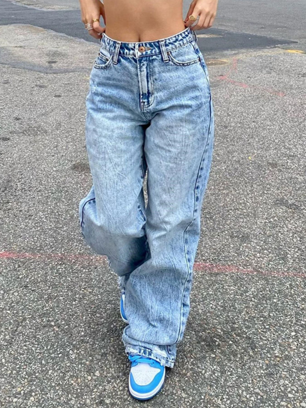 Wide leg jeans side profile showing soft drape