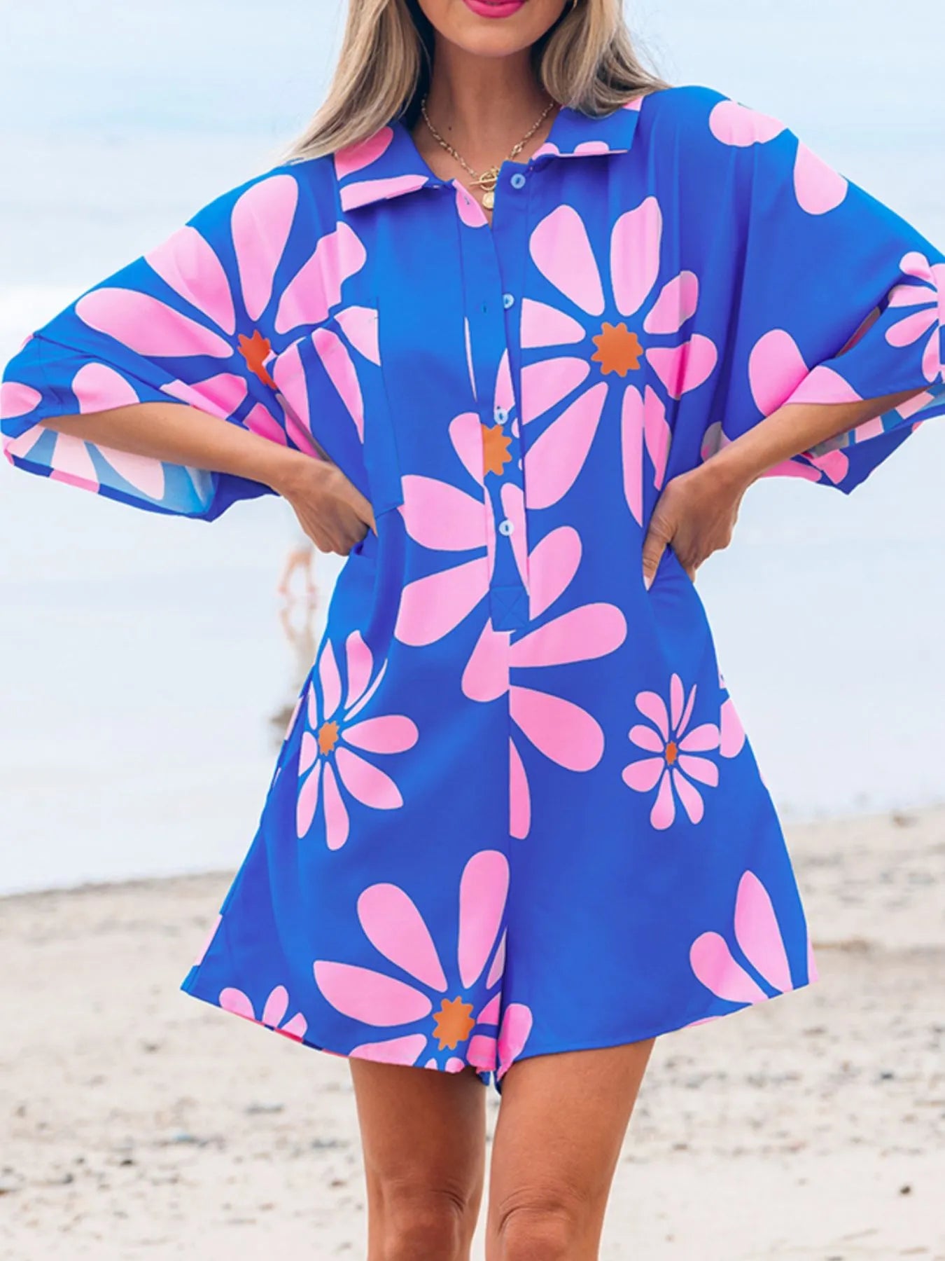 Summer Flower Print Shirt Collar Button Front Loose Romper - Fashorio