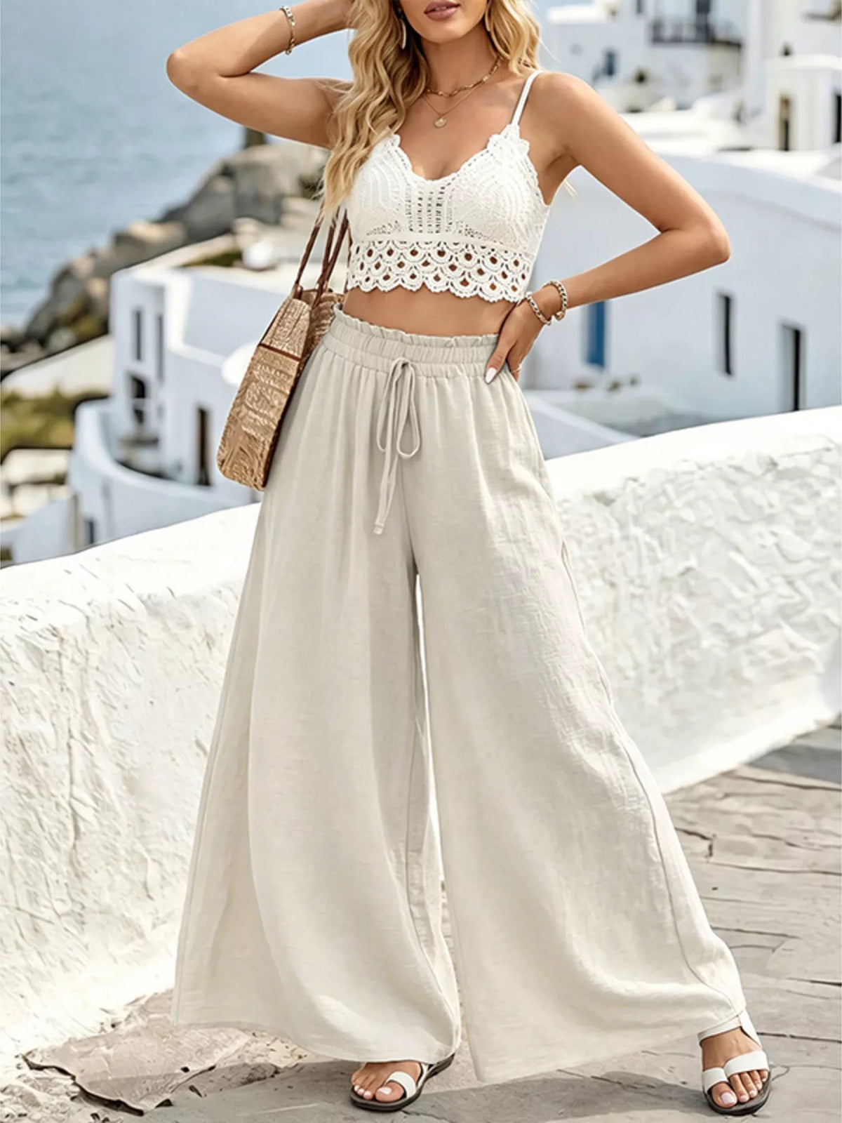 Black wide leg drawstring pants front view