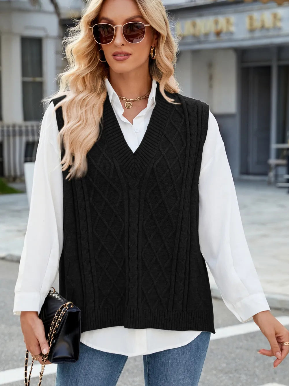 Cable Knit V Neck Sweater Vest in Gray view 11