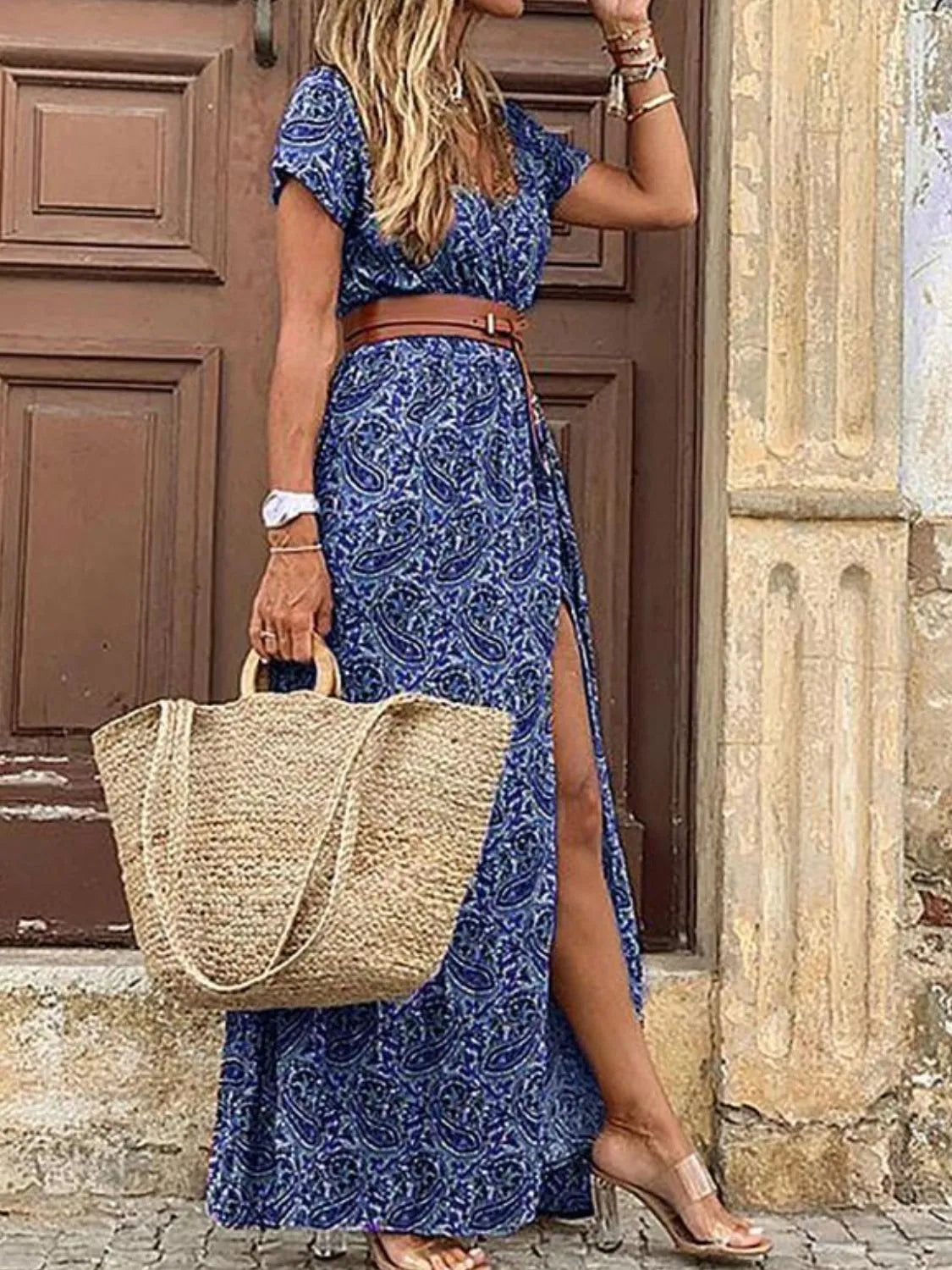 Printed V Neck Short Sleeve Maxi Dress view 9