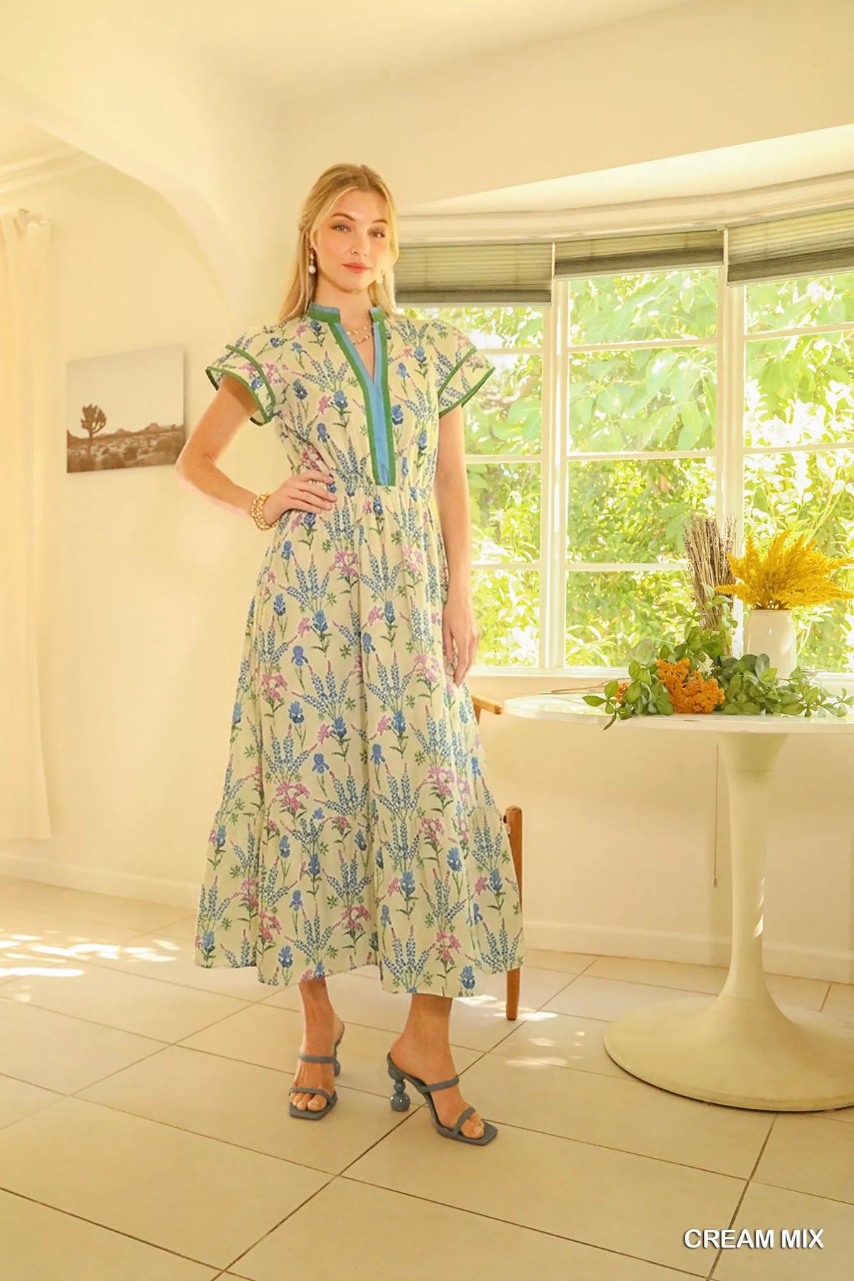 Cream mixed floral tiered midi dress front view