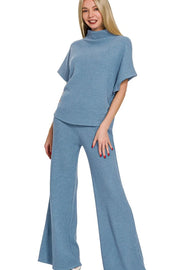 Zenana Sweater Mock Neck Top & Long Pants Set DUSTY BLUE - Fashorio