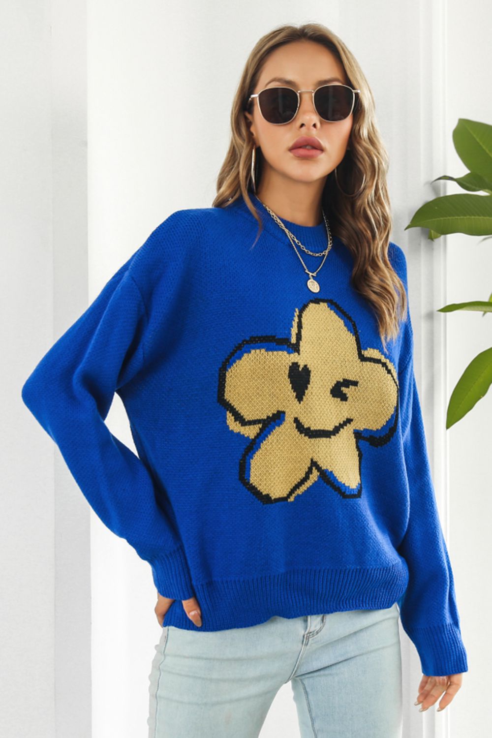 Flower Graphic Drop Shoulder Sweater - Fashorio