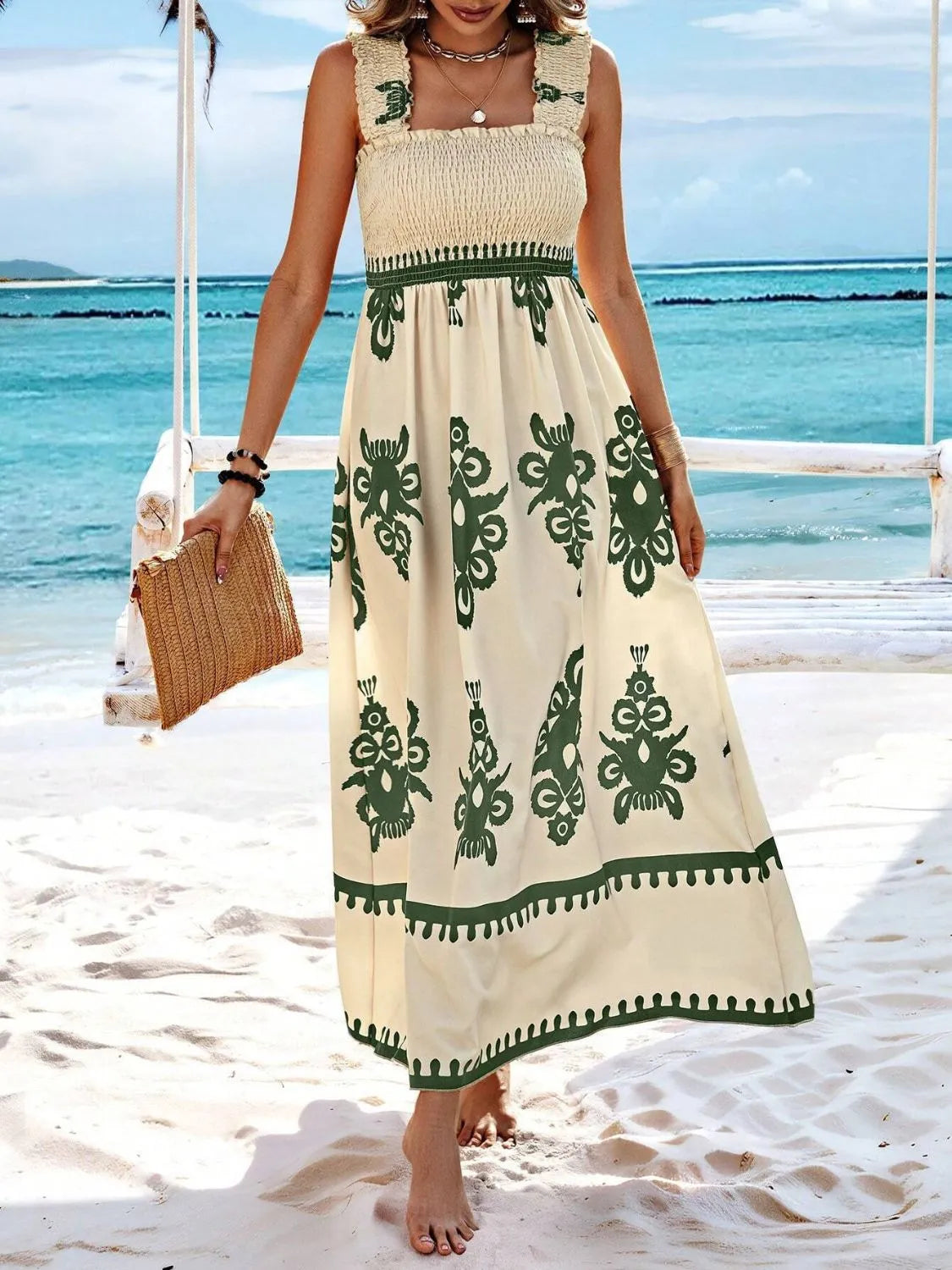 Smocked Printed Wide Strap Maxi Dress, view 13