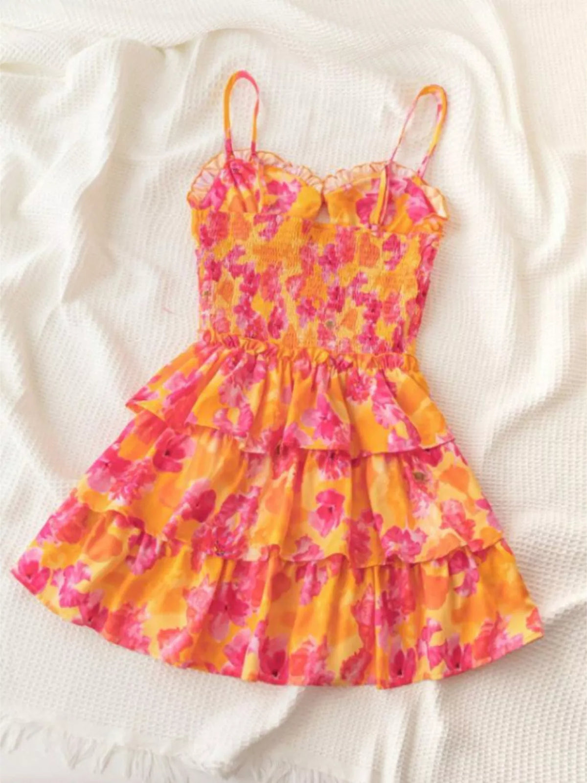 Orange floral cutout ruffle mini dress full length view