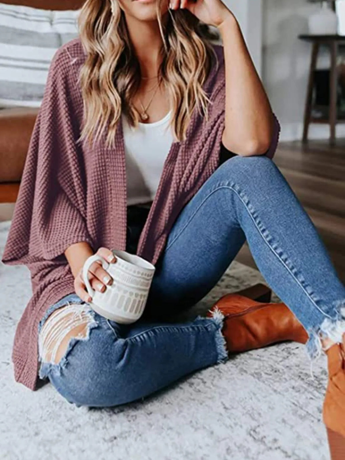 waffle knit open front plus size cardigan side view