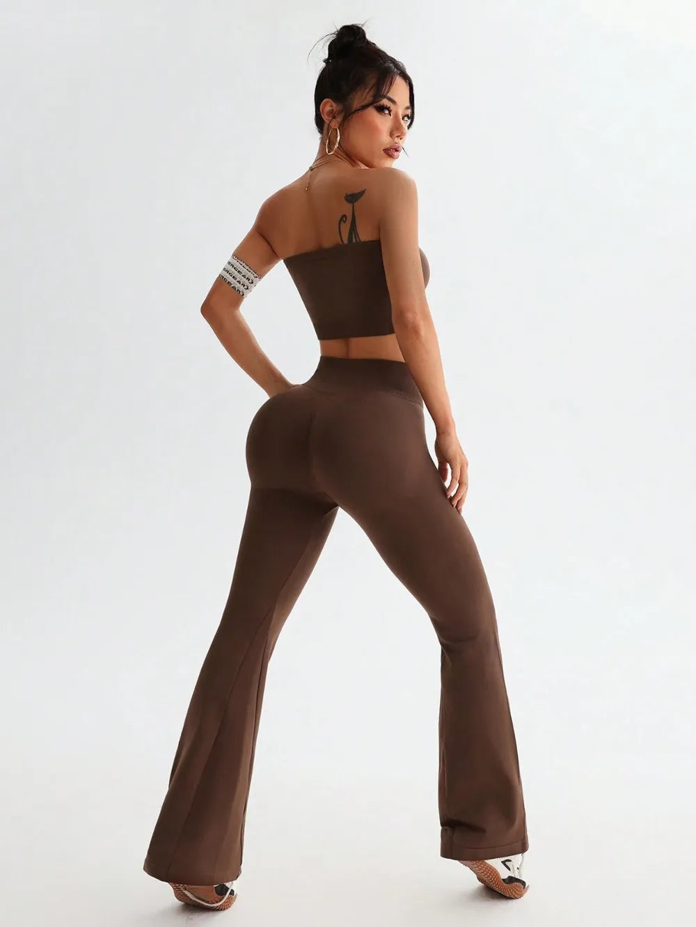 Tube Top and High Waist Flare Pants Active Set - Fashorio
