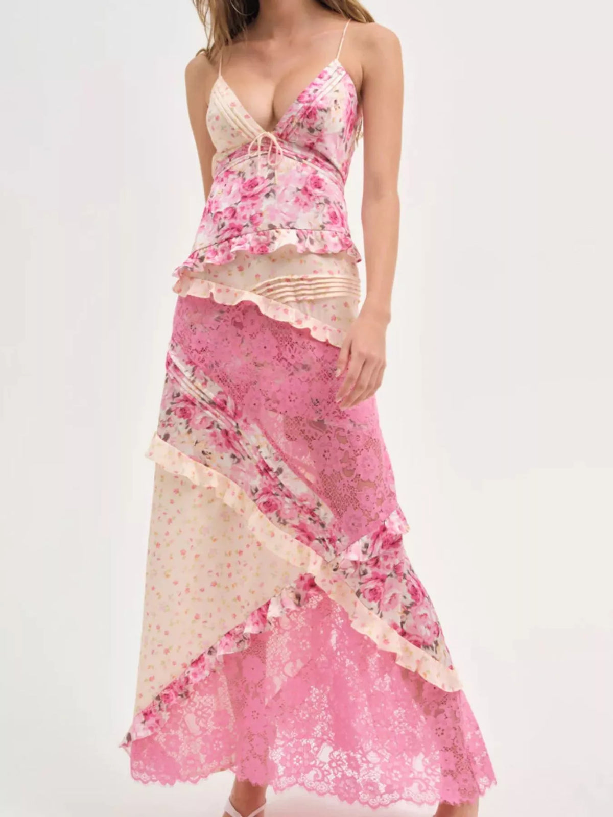 Lace detail ruffled floral v neck maxi dress, detail view 17