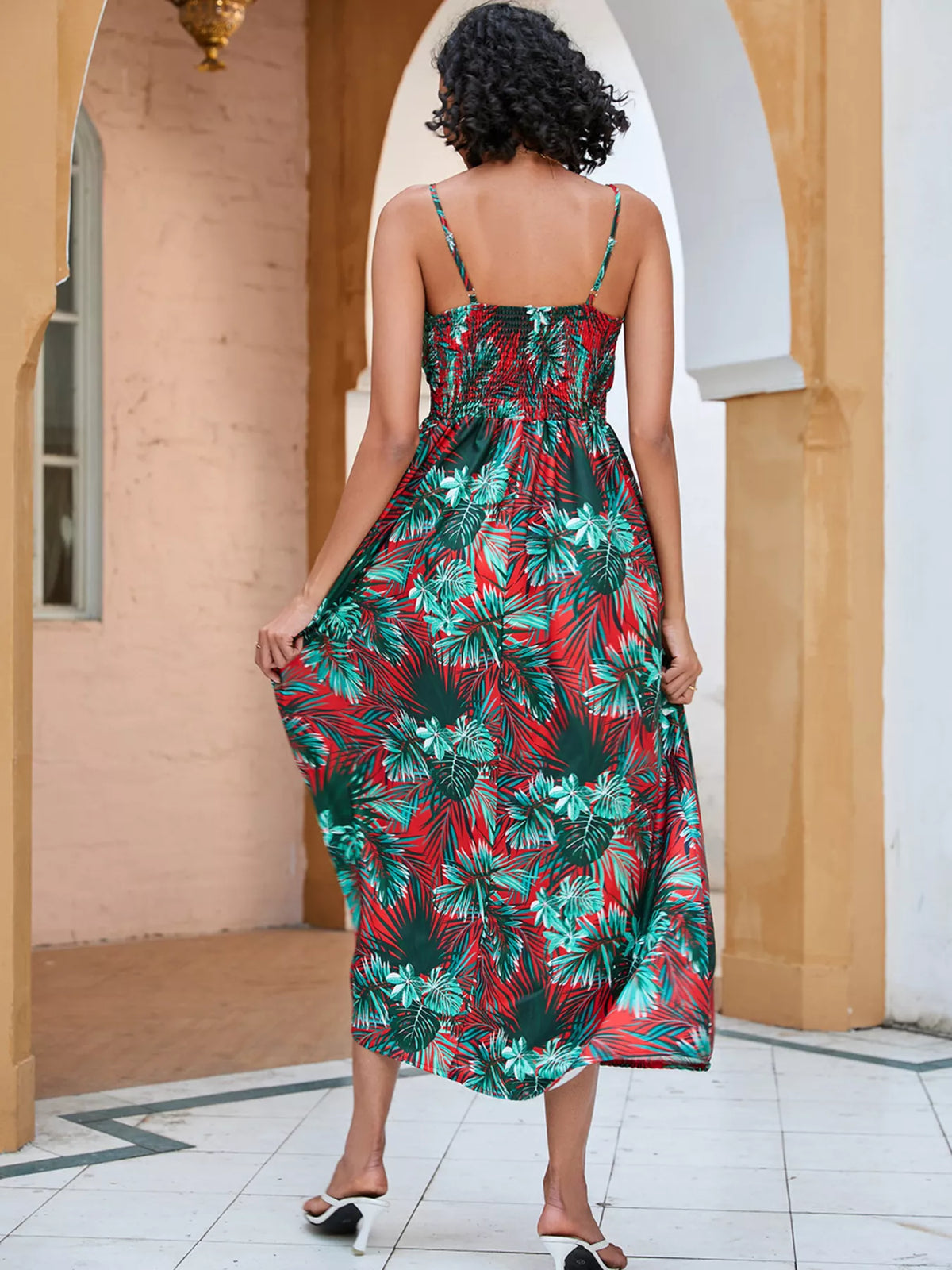Floral print spaghetti strap midi dress back view