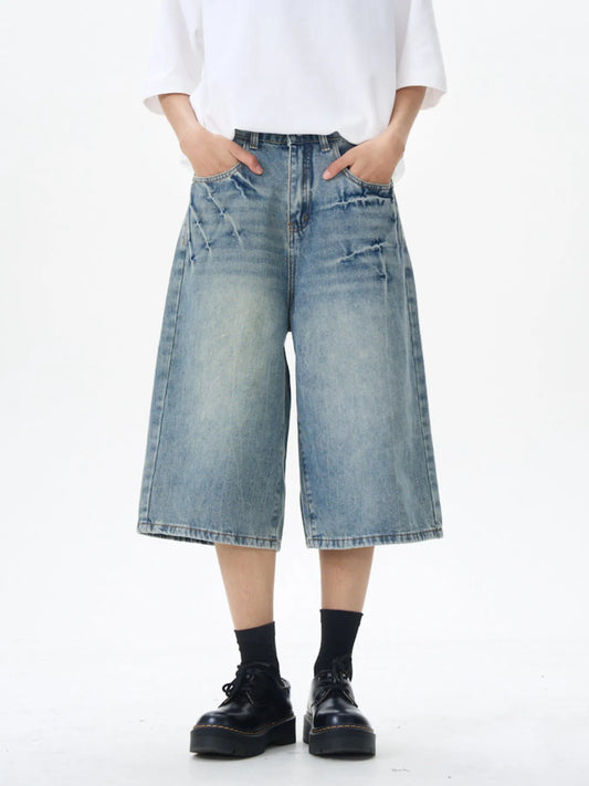 Men's High-Waisted Wide Leg Denim Shorts Blue - Fashorio
