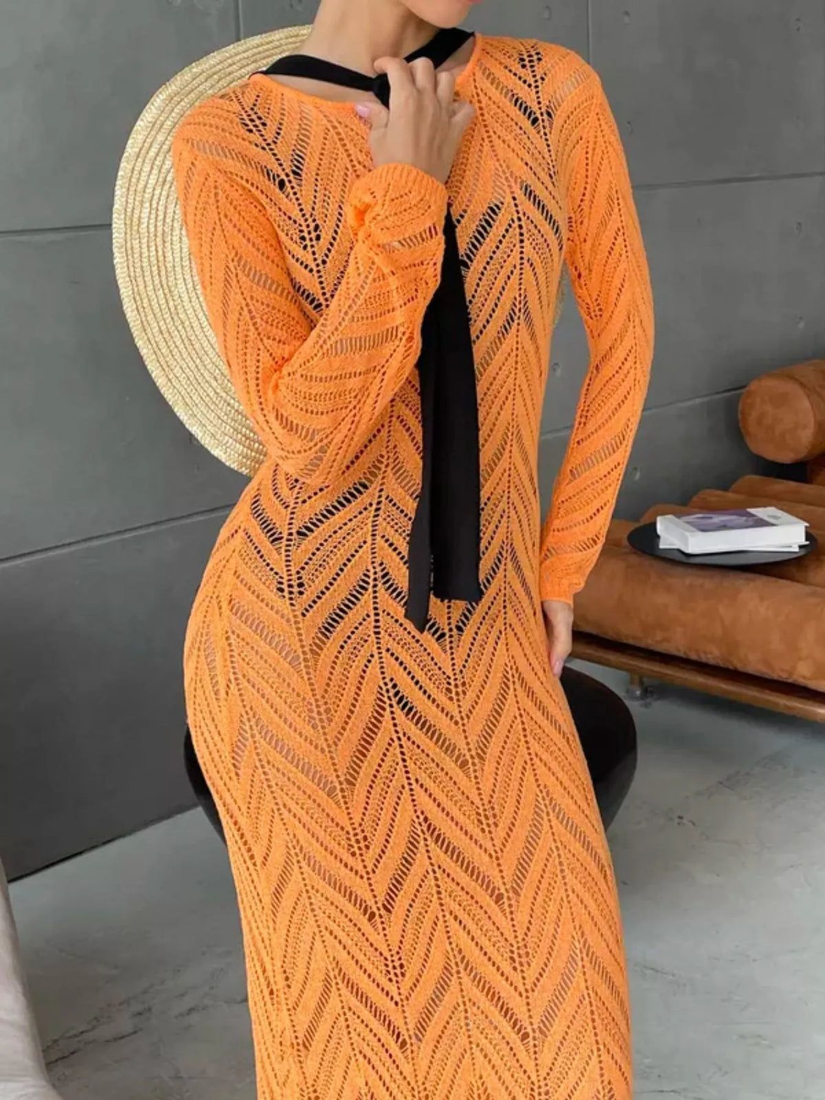 openwork knit long sleeve cover up maxi dress on model