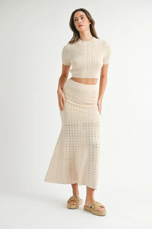 MABLE Pointelle Short Sleeve Crop Top and Slit Skirt Sweater Set - Fashorio