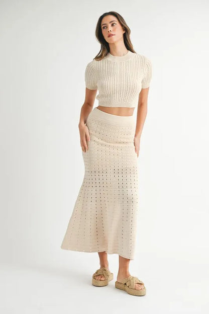 MABLE Pointelle Short Sleeve Crop Top and Slit Skirt Sweater Set - Fashorio
