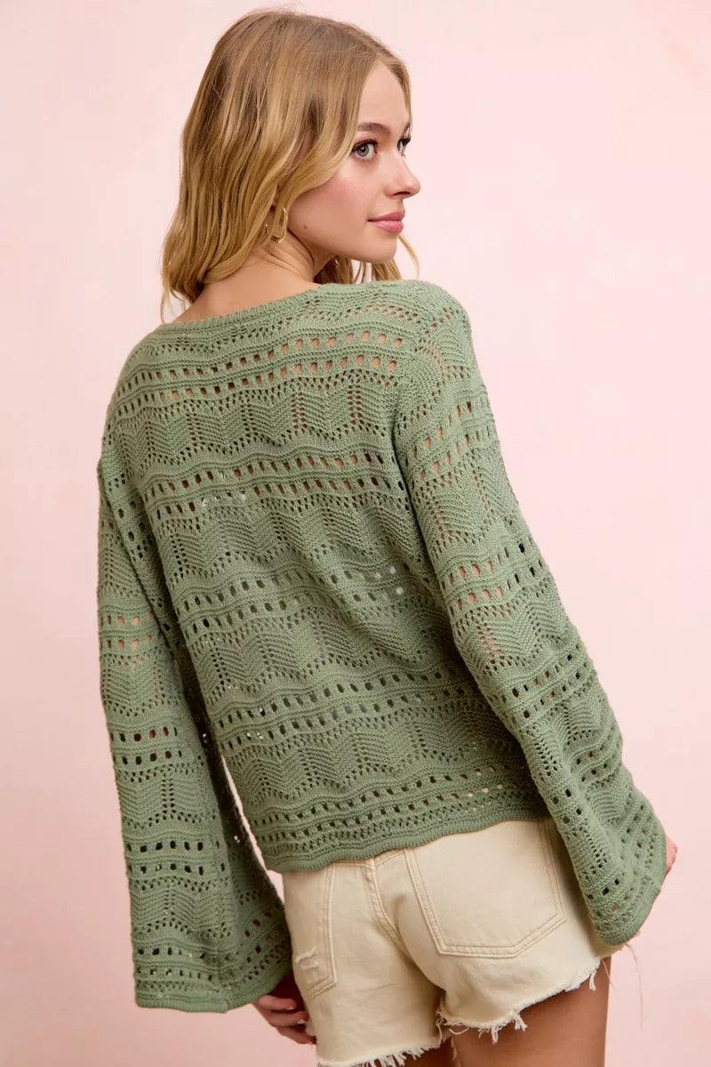 Pointelle V neck top detail view