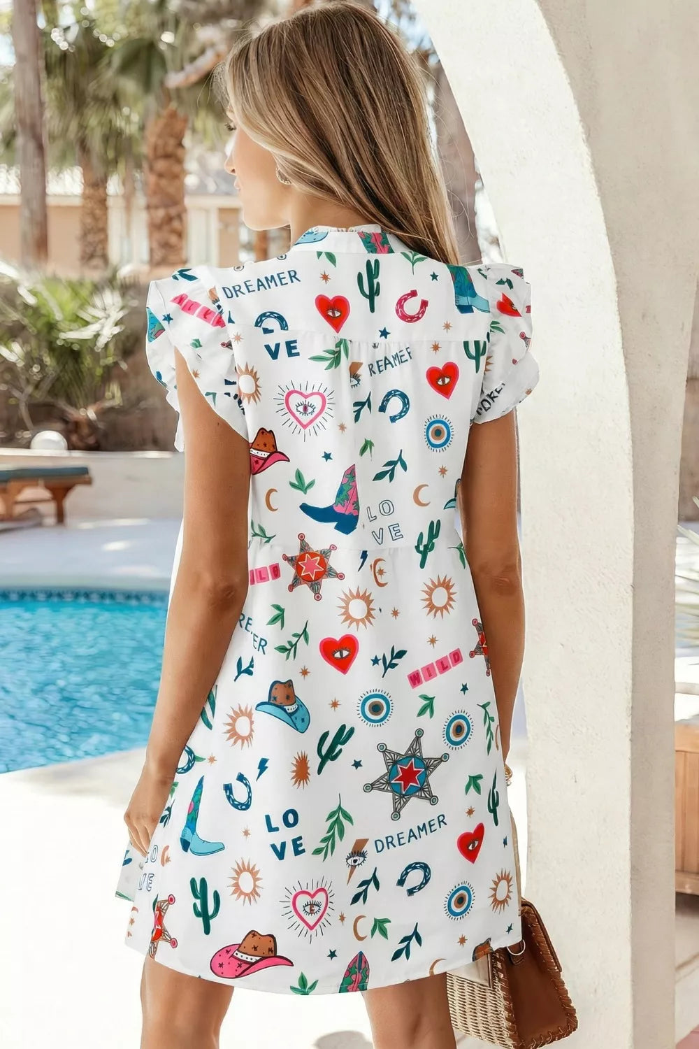 White western print flutter sleeve button down mini dress side view