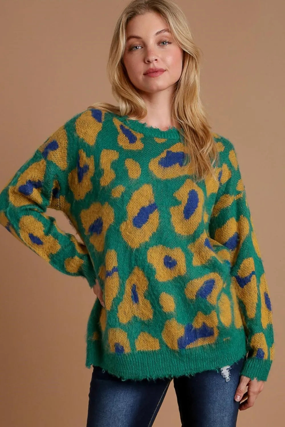 Leopard Distressed Rib Sweater Plus Size in Green