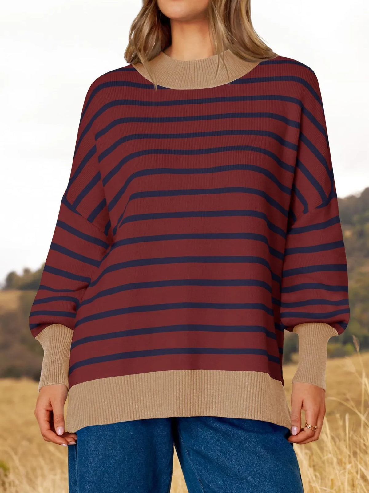 Striped round neck sweater neckline detail