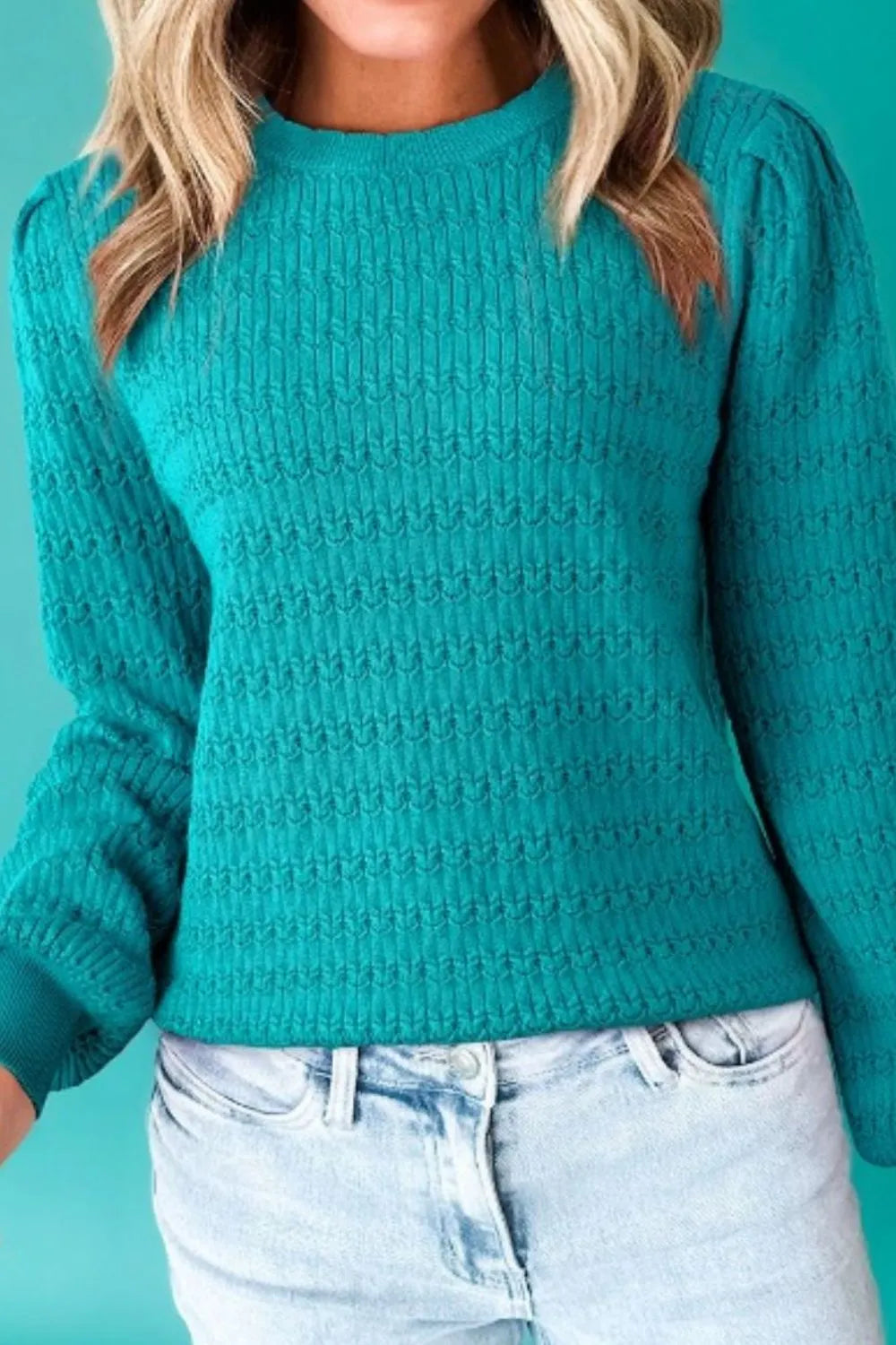 Texture Round Neck Long Sleeve Sweater Teal - Fashorio
