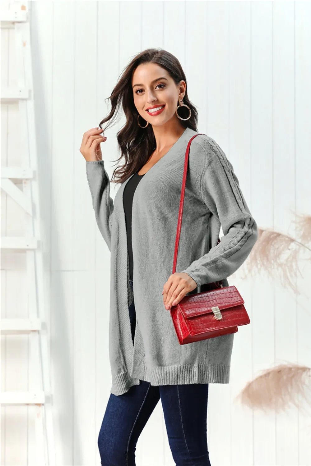 Cable-Knit Open Front Long Sleeve Cardigan Gray - Fashorio