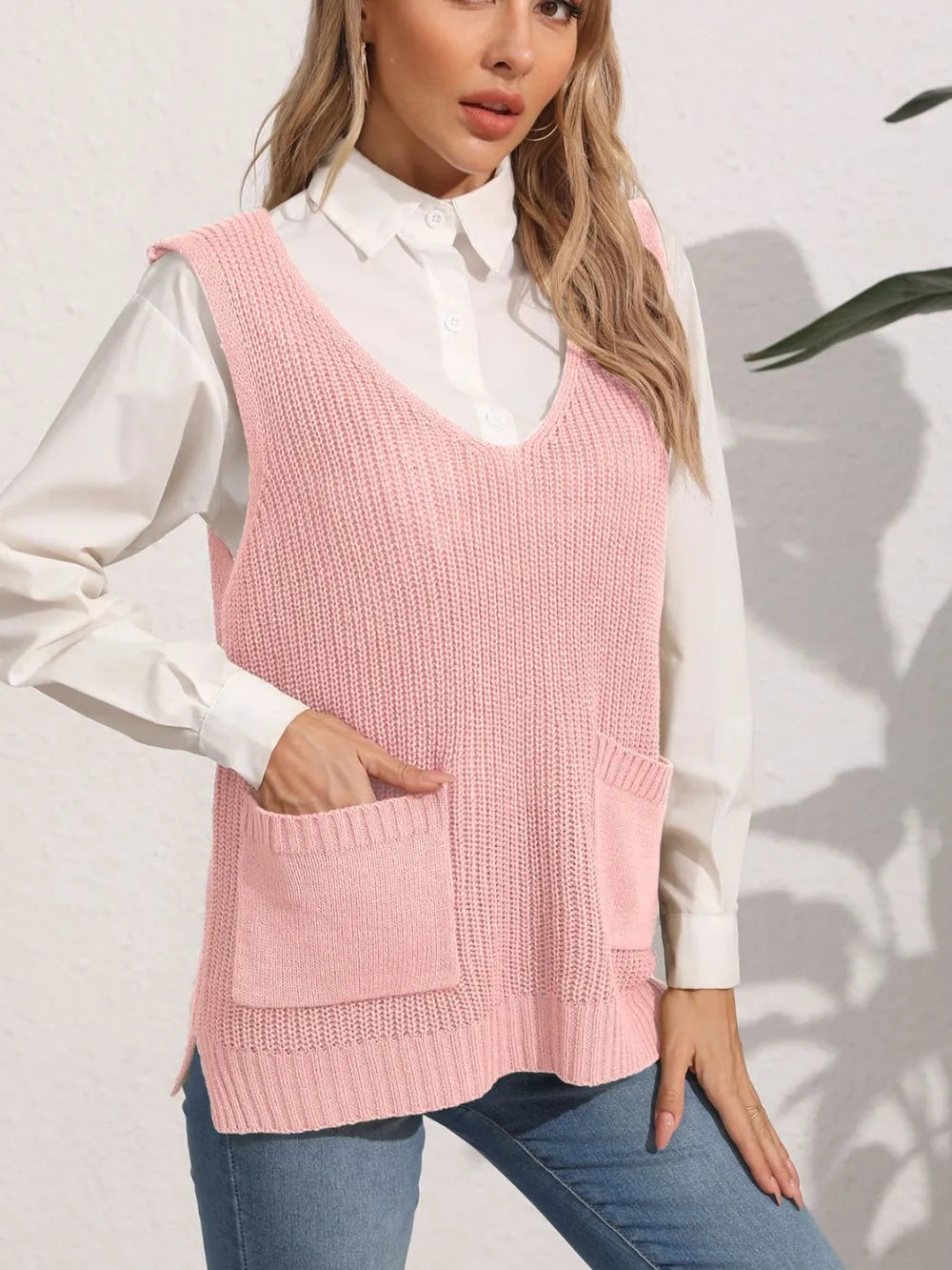 Pocketed V Neck Sweater Vest in Camel styled look