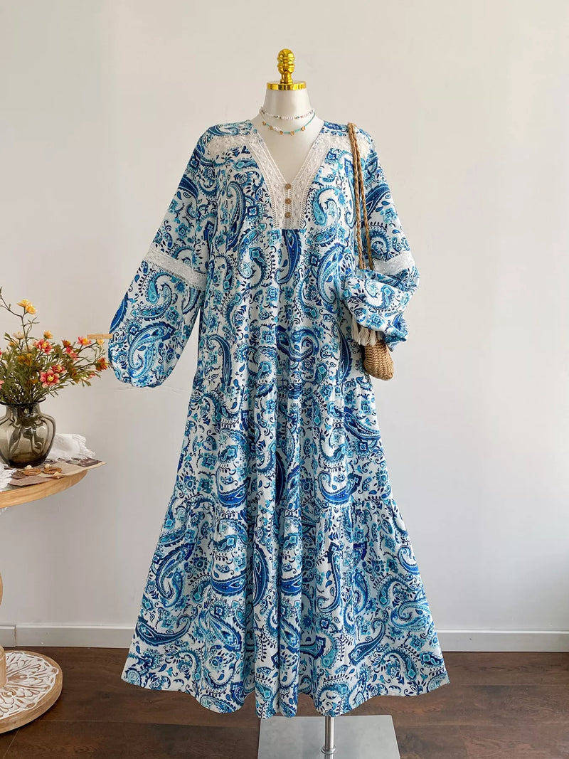Plus size paisley print boho V neck dress front view