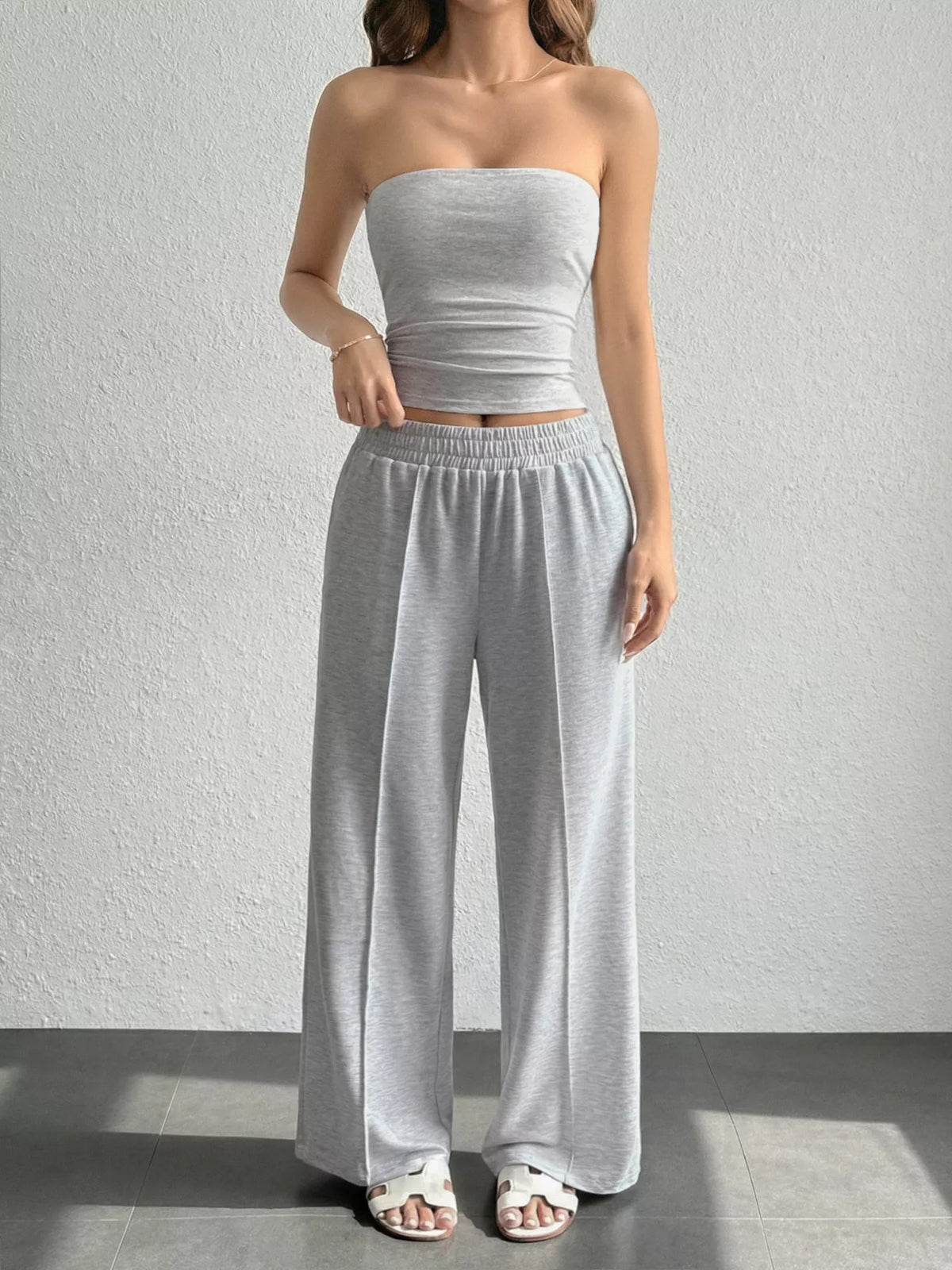 Wide leg pants set with pockets detail