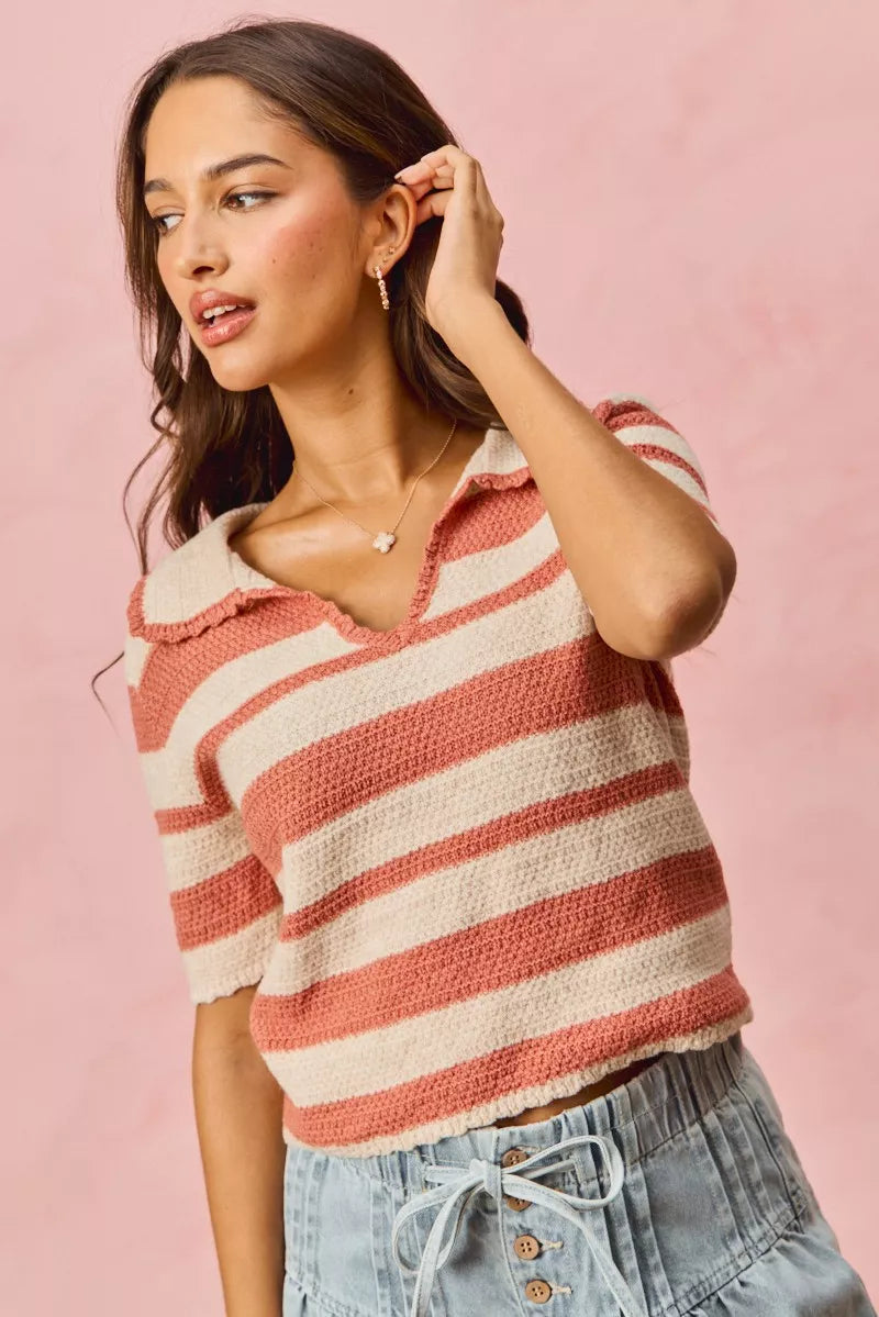 Striped Short Sleeve Cropped Sweater in Cream and Pink