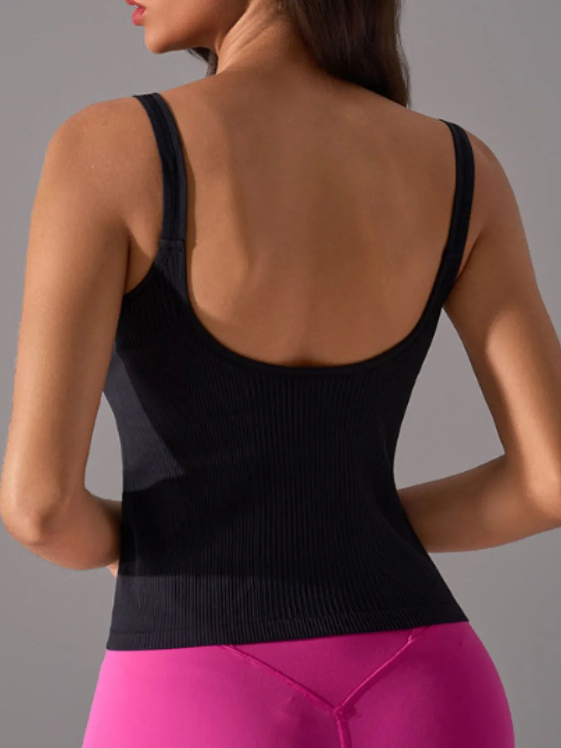 Scoop neck active tank with chest pads back detail
