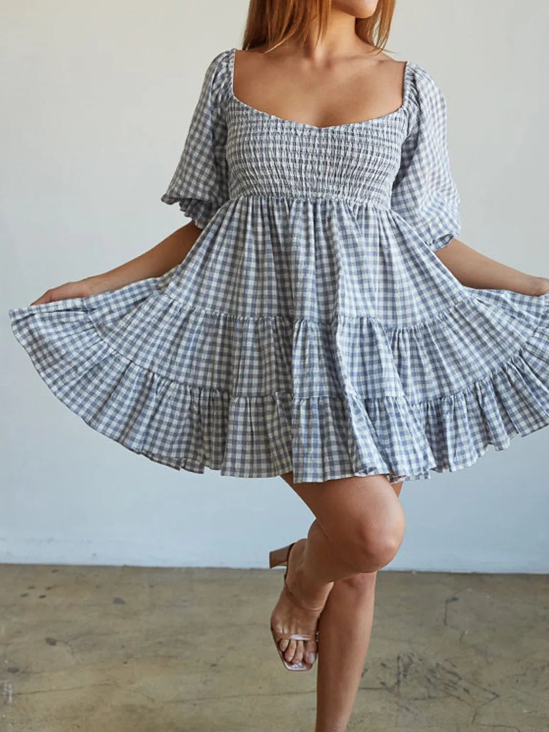 Ruffle Hem Plaid Mini Dress in Light Blue detail