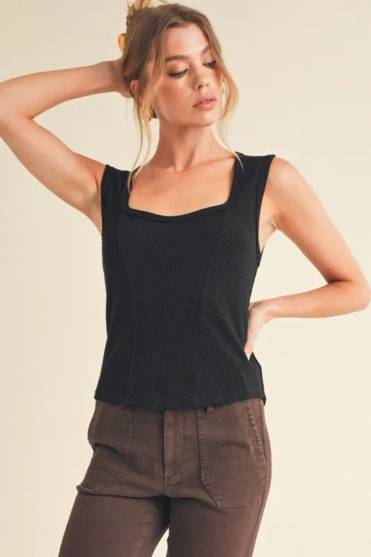 Black exposed seam ribbed wide strap tank front view