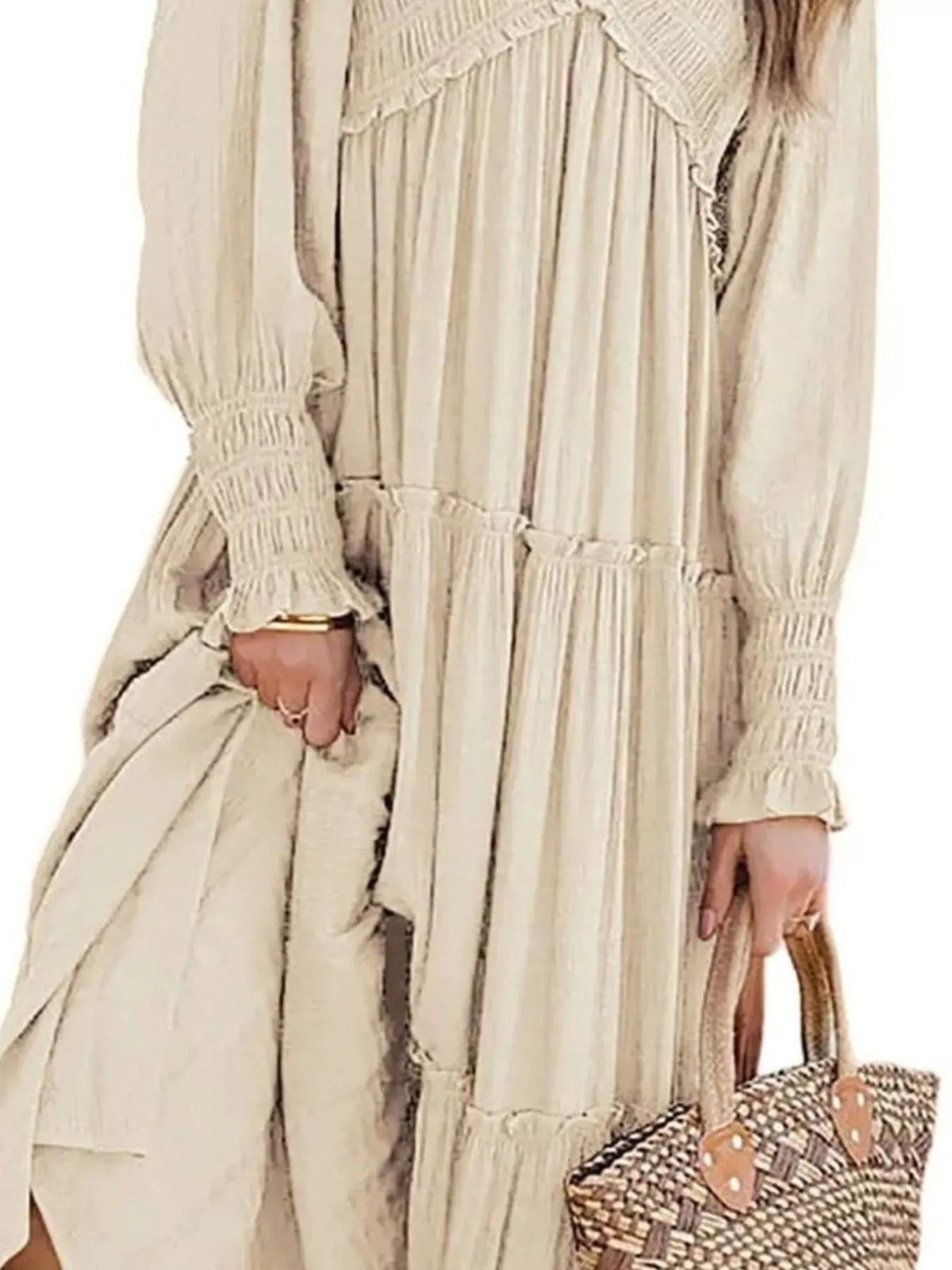 v neck long sleeve tiered maxi dress detail view