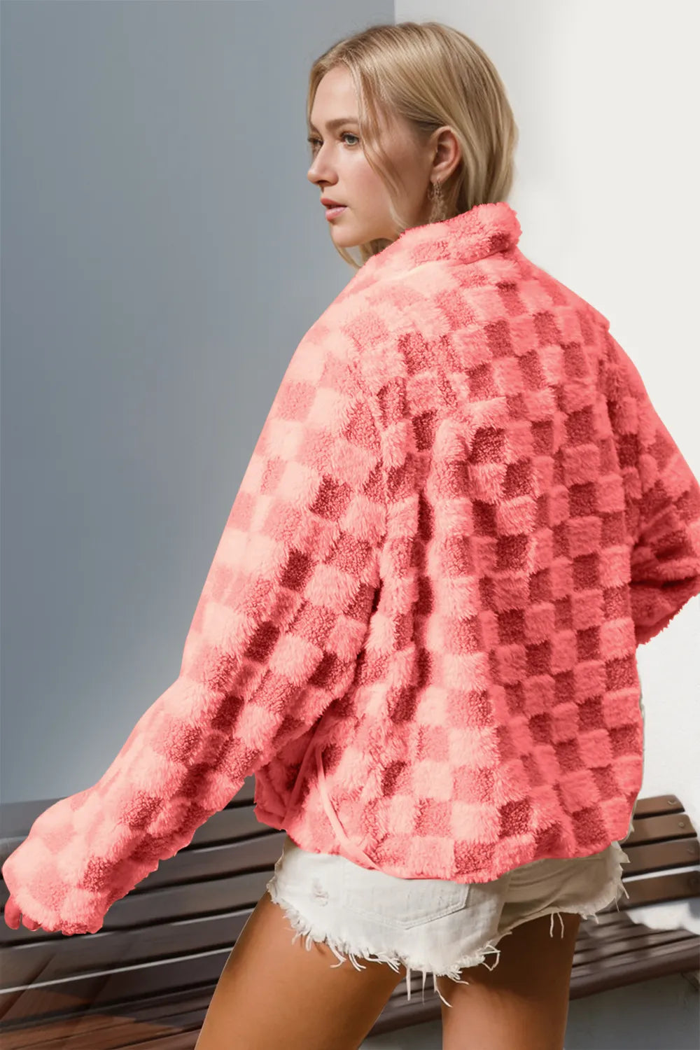 Checkered Fuzzy Fleece Jacket in Strawberry back view