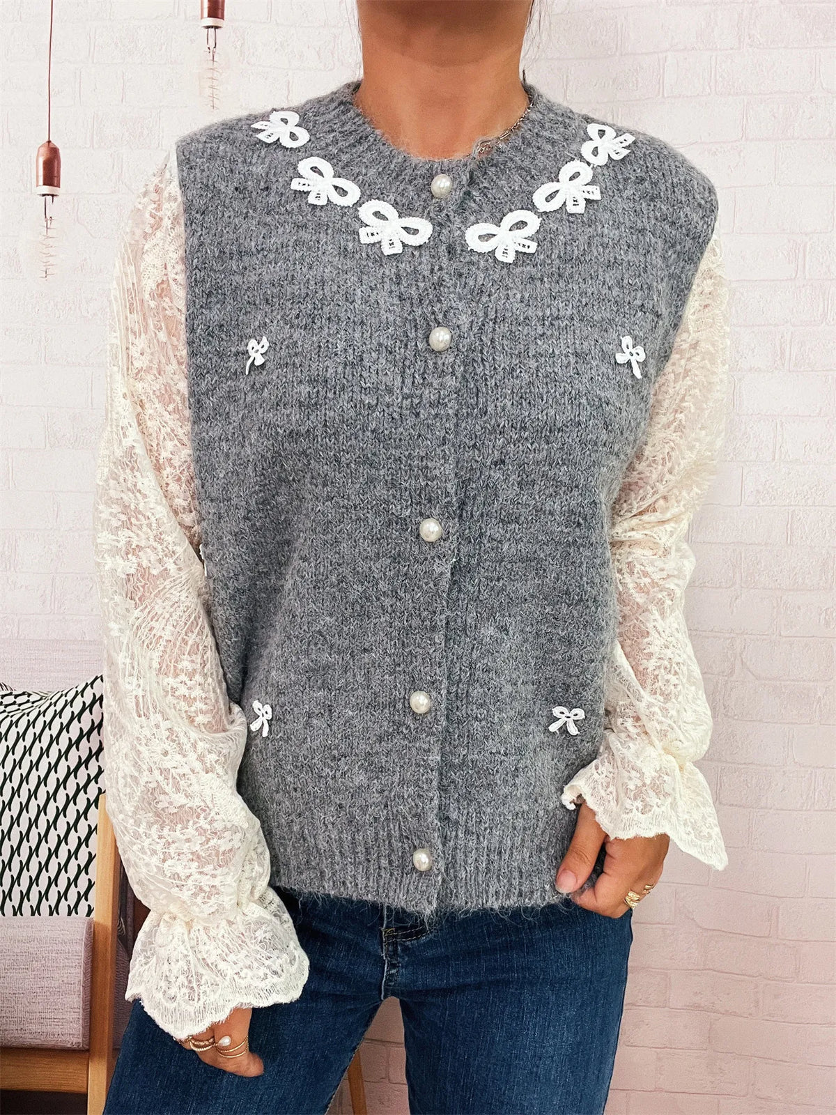 Lace sleeve button up cardigan angled view