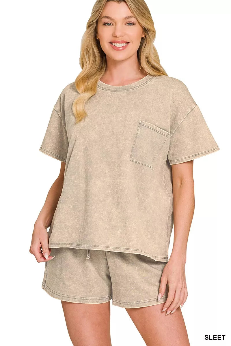 Acid washed French terry top and short two piece set front view