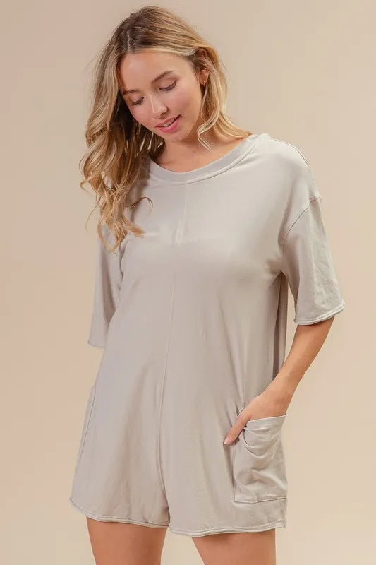 BiBi Short Sleeve Back Open Washed Romper - Fashorio