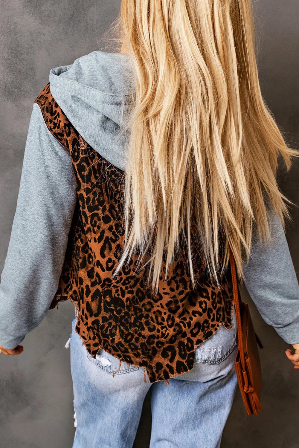 Leopard Distressed Drawstring Hooded Denim Jacket - Fashorio