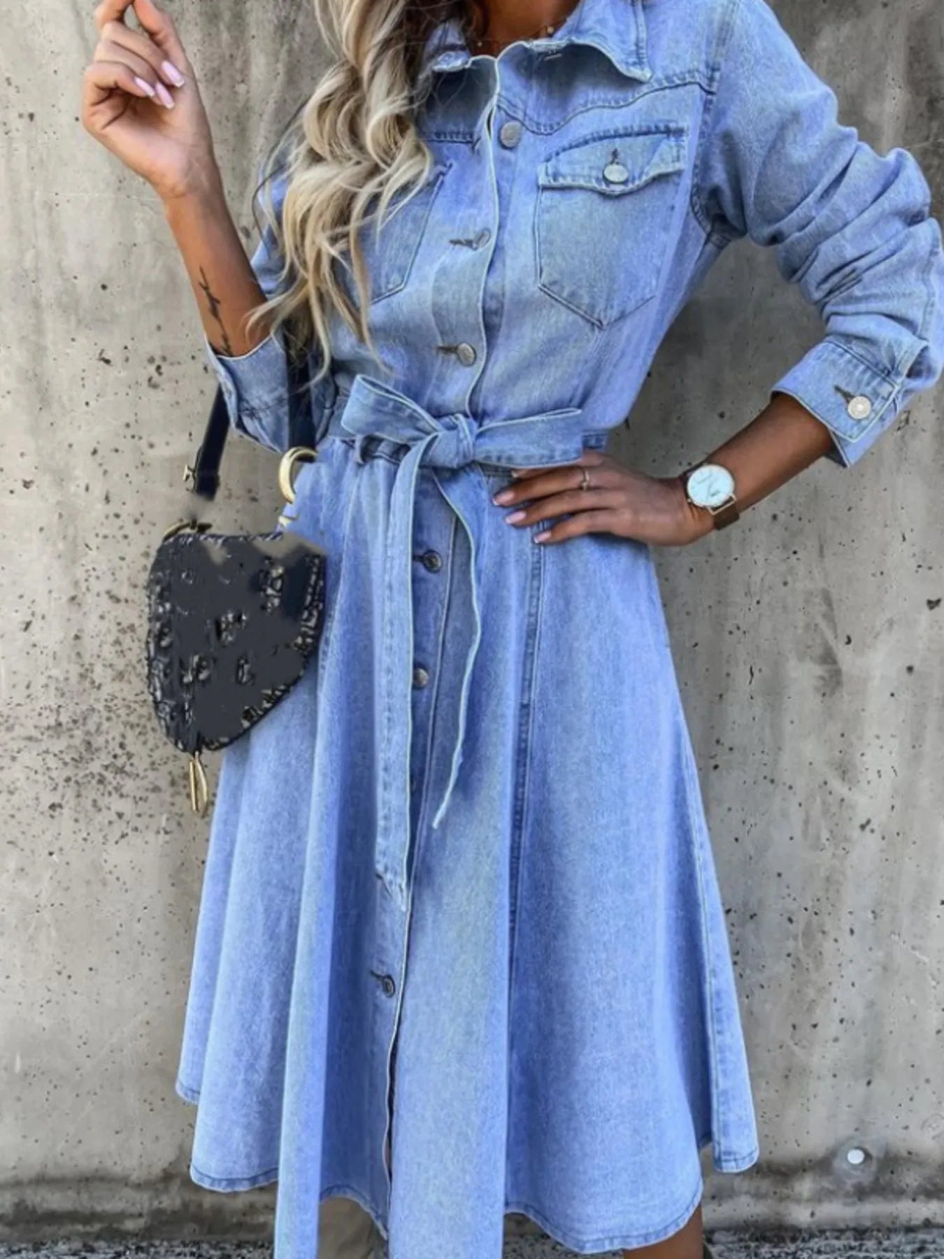 Full Size Tie Waist Button Front Denim Shirt Dress Plus Size Blue - Fashorio