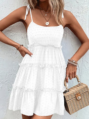 Shiny Frill Spaghetti Strap Tiered Dress White - Fashorio