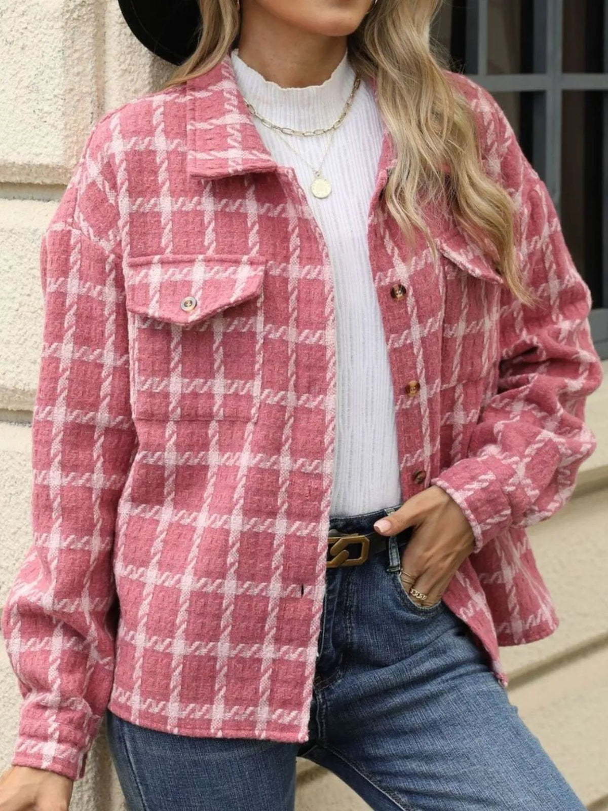 Plaid Button Up Jacket in White and Red close up