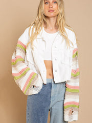 Distressed Striped Long Sleeve Denim Jacket White - Fashorio
