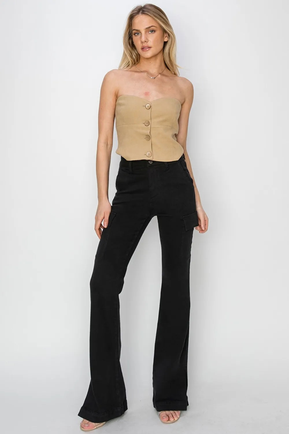 RISEN Full Size High Rise Side Slit Cargo Bootcut Jeans - Fashorio