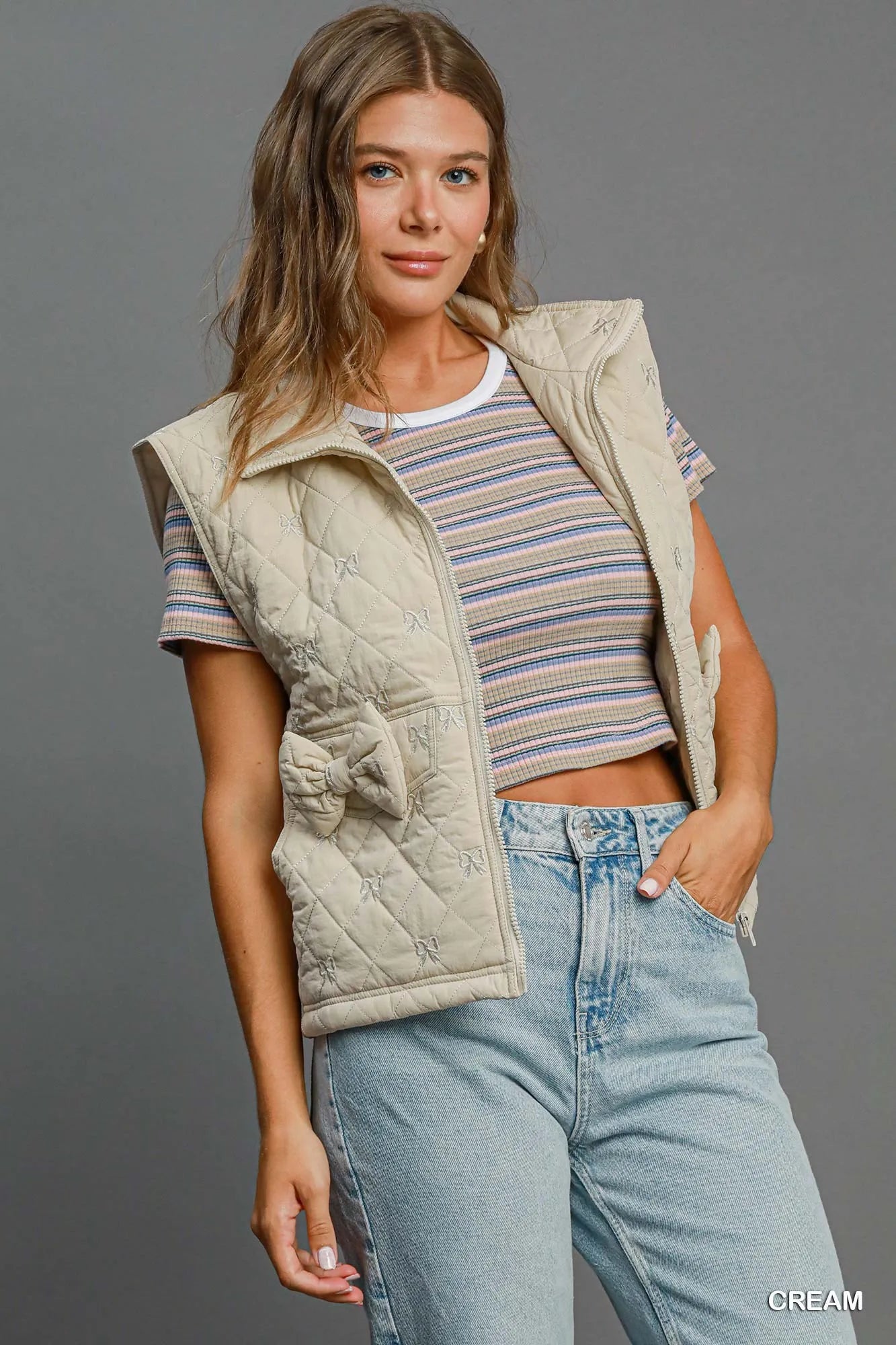 Umgee Sleeveless Quilted Vest with Bow Details - Fashorio