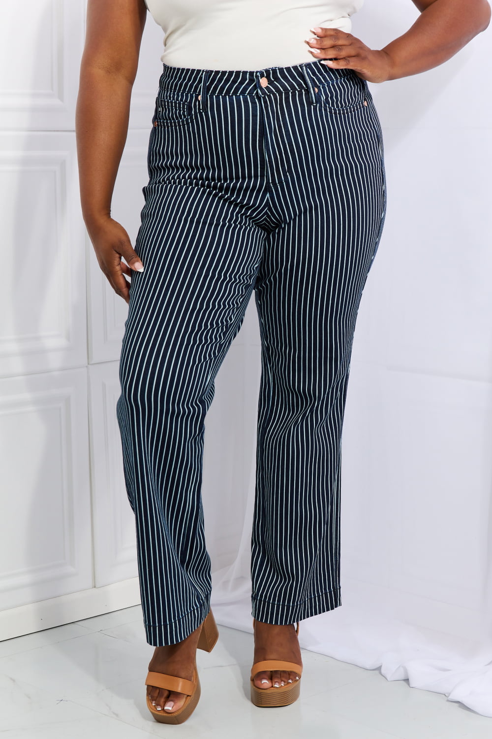 Judy Blue Cassidy High Waisted Tummy Control Striped Jeans – Full Size Deep teal - Fashorio