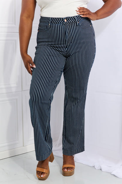 Judy Blue Cassidy High Waisted Tummy Control Striped Jeans – Full Size Deep teal - Fashorio