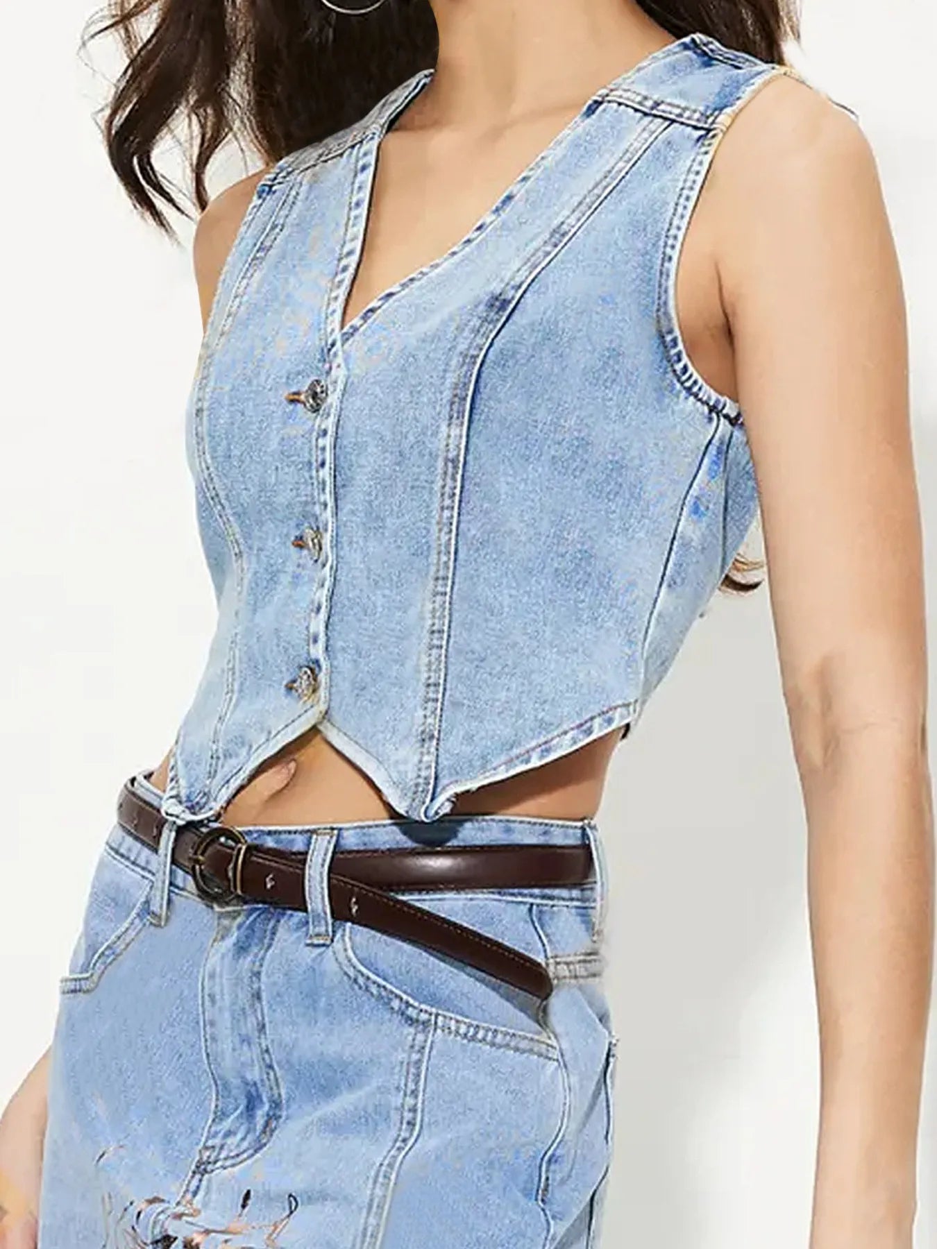 Button-Up Sleeveless Denim Vest - Fashorio