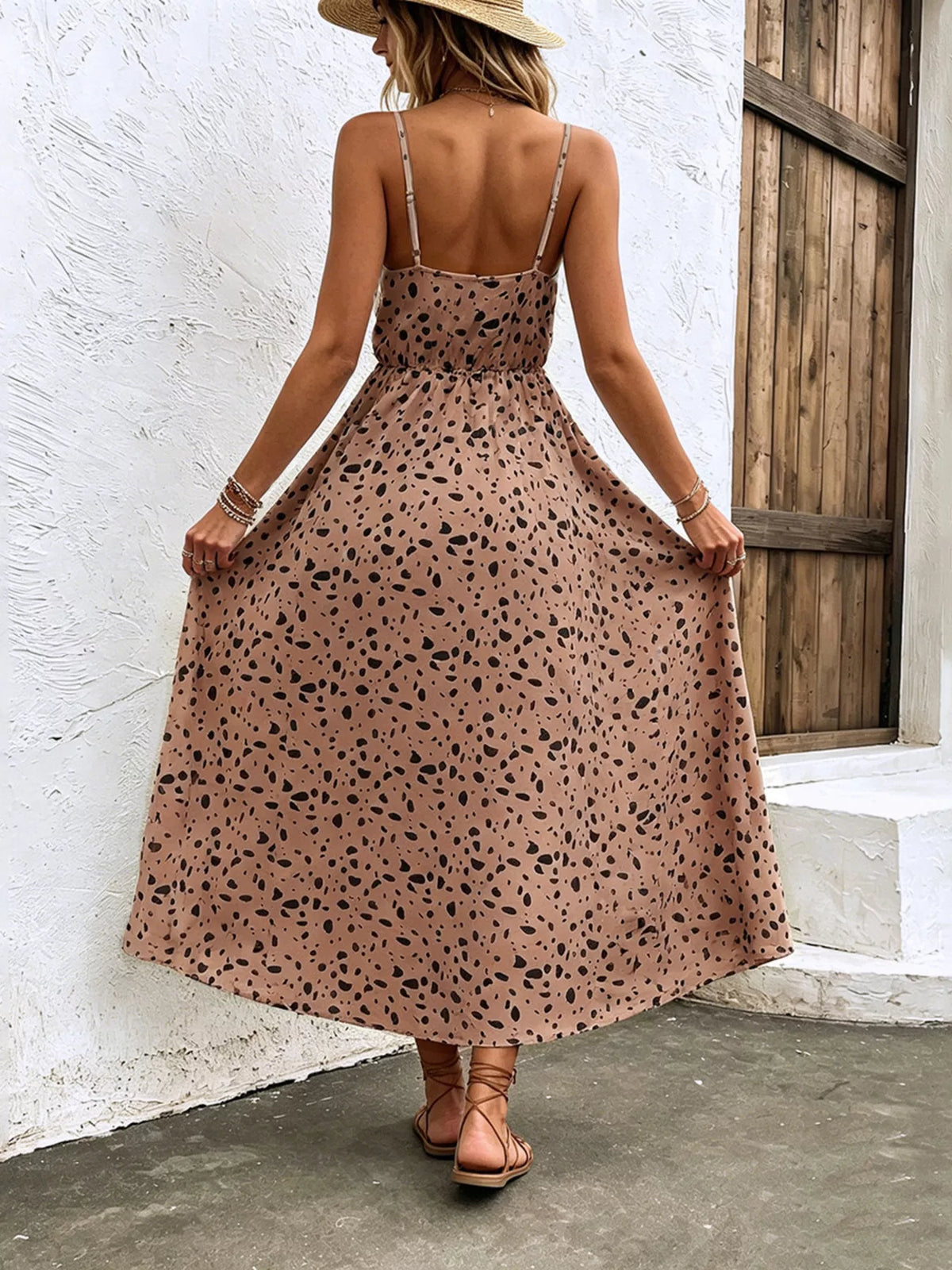 Floral spaghetti strap midi dress styled for a warm day