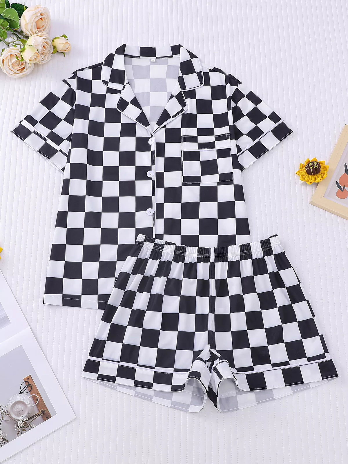 Checkered Print Button Up and Shorts Two Piece Set, view 7