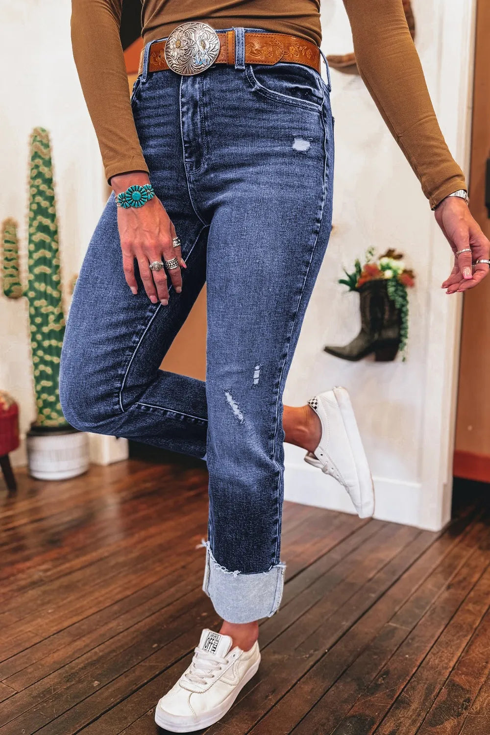 Distressed straight denim side view