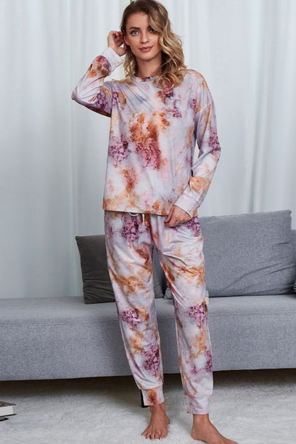 Shiny Tie-Dye Crewneck Top and Drawstring Waist Joggers Lounge Set Lavender - Fashorio
